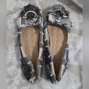 Victoria K Frayed Black and White Slip-On Flats with Silver Buckle